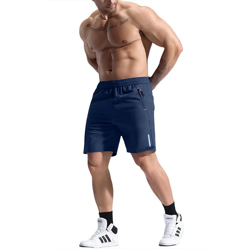 Men's grey elastic waist sports shorts made from bamboo and polyester fabric with a drawstring closure.