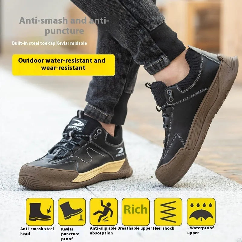 Leather work shoes with Flyknit detail, shown in a brown colour on a rubber sole.