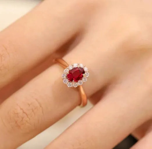 Gold Pigeon red blood gemstone sterling silver inlaid ring with floral pattern