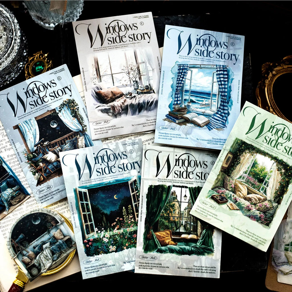 Set of six retro window-themed decorative stickers for journals, including Seaside Window and Flower Window Under the Moon designs.