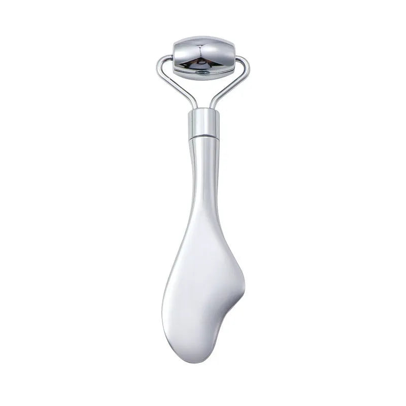 Stainless steel double-headed facial roller and gua sha scraping plate set with heart-shaped eye tool.