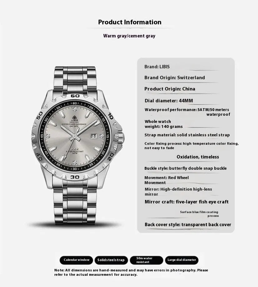 Men's silver quartz watch with luminous markers on black dial and stainless steel strap