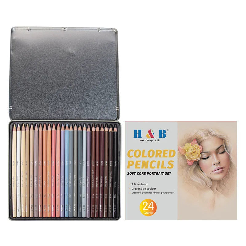 Round metal tin containing 24 skin tone coloured pencils for portrait drawing