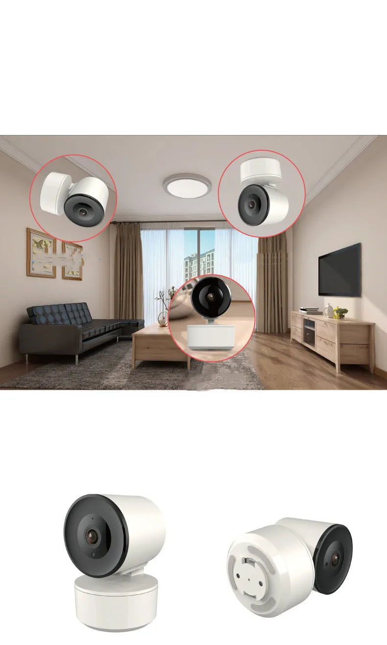 Smart WiFi security camera with 1080p HD video and PTZ rotation for indoor monitoring