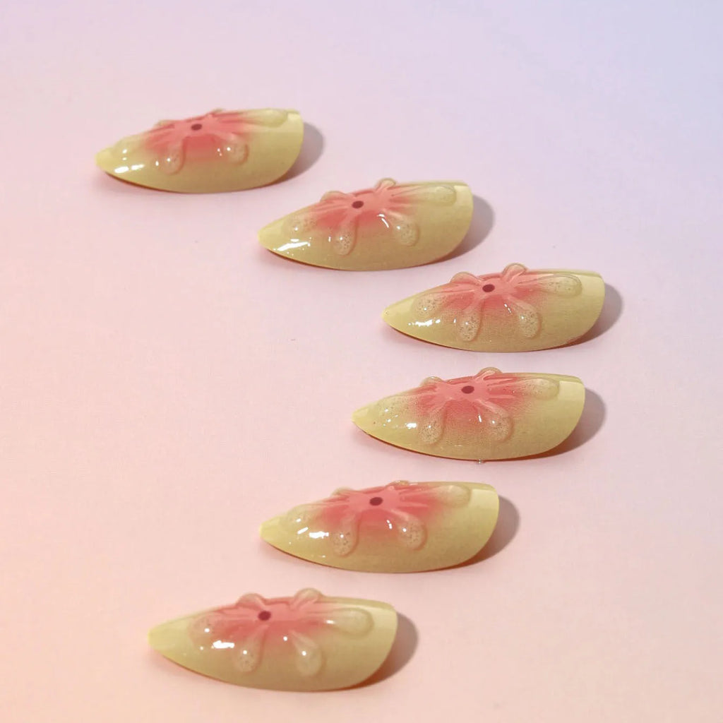 Cartoon style 3D flower pattern false nails set with plastic applicator and jelly glue.