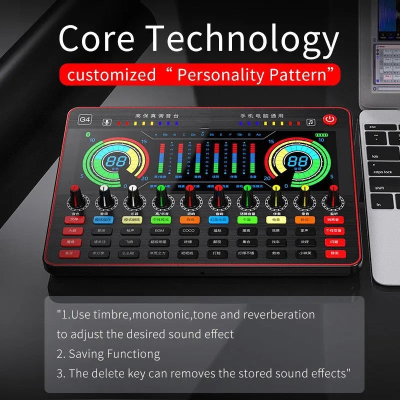 Professional G4 sound card set with colour LCD display, multiple control knobs, and included microphone.