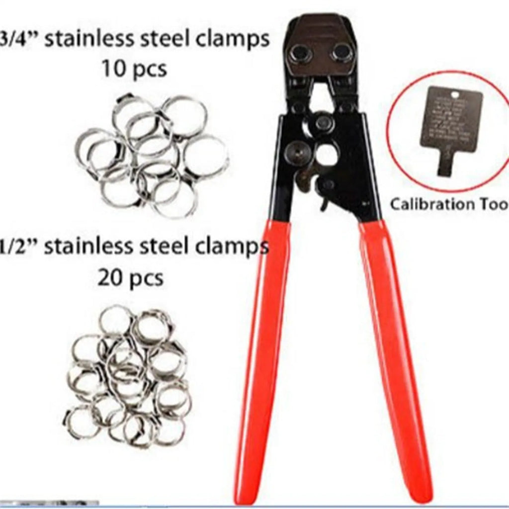 Red metal PEX clamp set with carbon steel cutting edge for plumbing connections