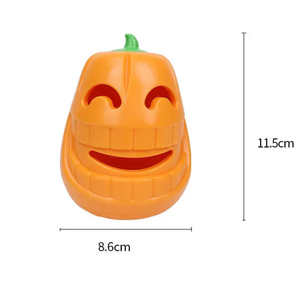 Orange Halloween pumpkin shaped dog chew toy with a treat-dispensing funnel opening.