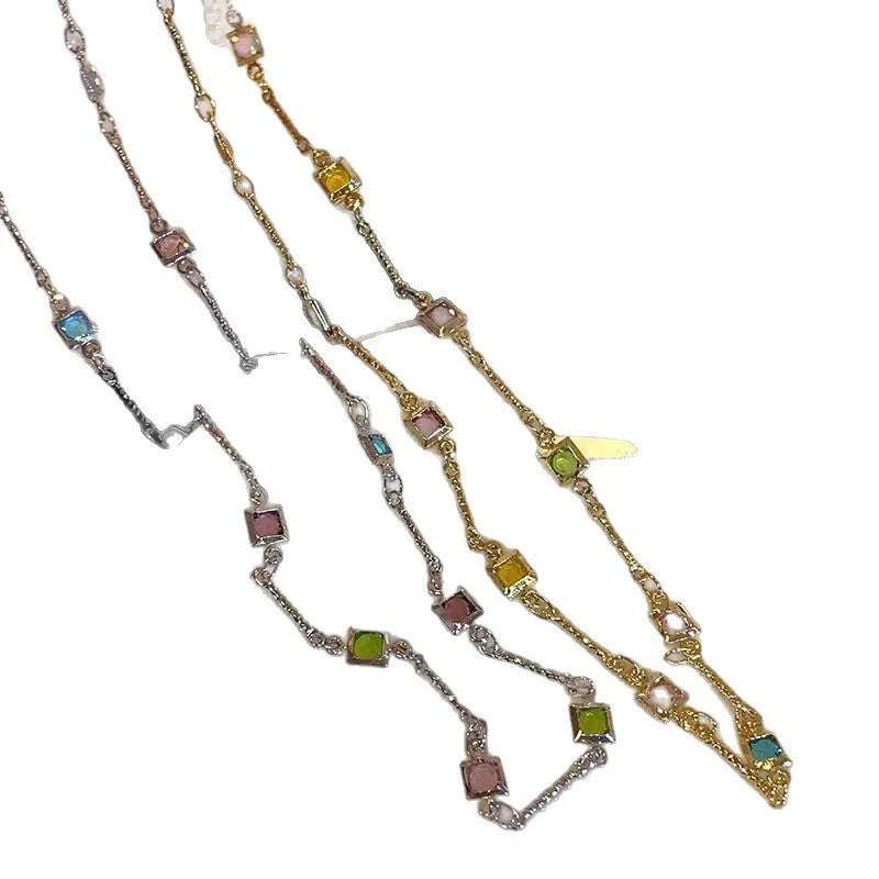Square colour clavicle chain necklace with geometric artificial crystal design in gold alloy finish