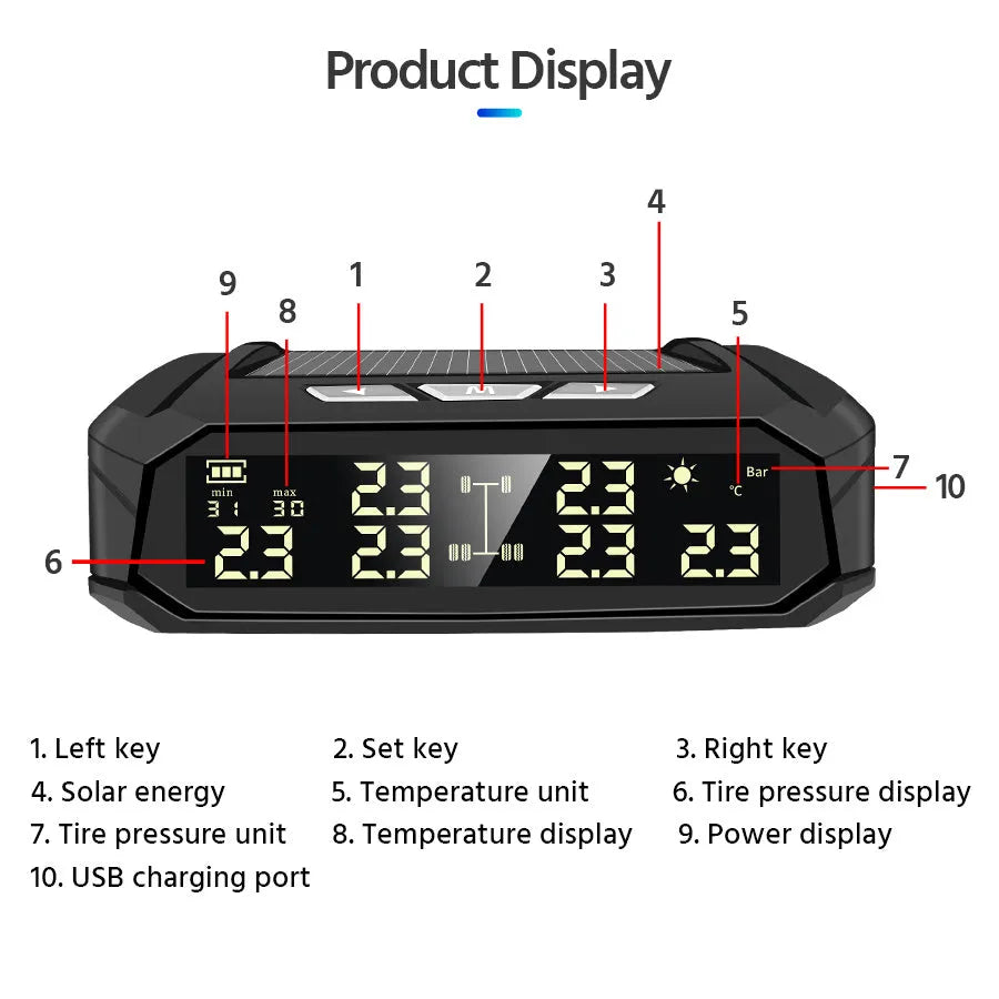Solar external tire pressure monitor display unit with colour screen for six-wheel trucks