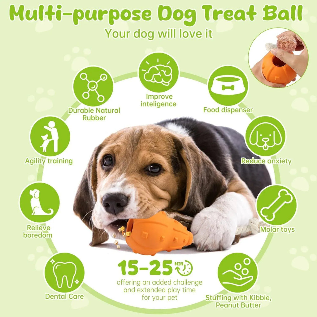 Natural rubber dog toy with longer strap, hollow treat-dispensing centre, for small medium breed dogs.
