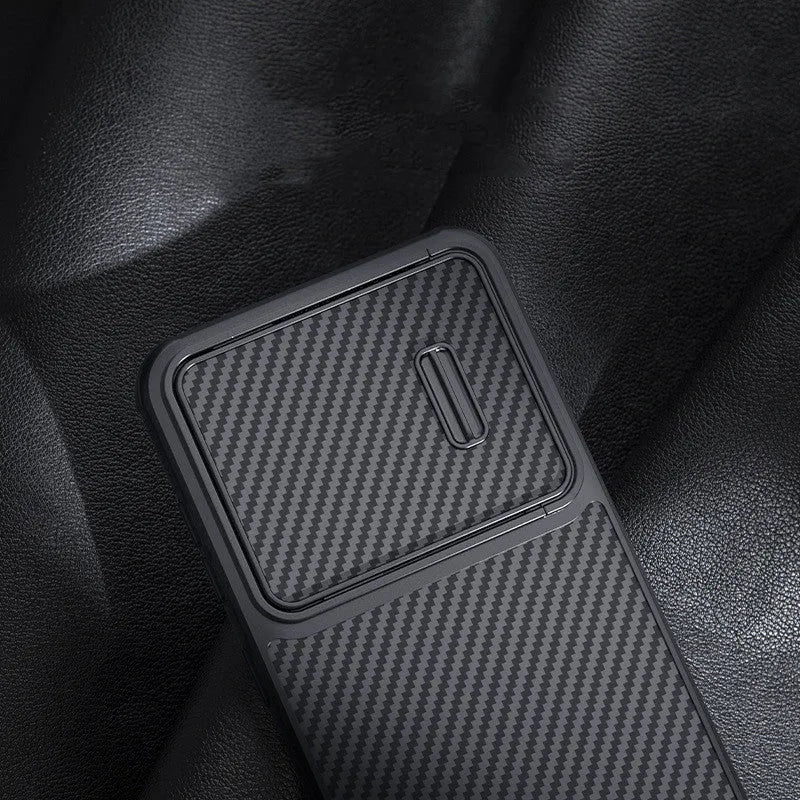 Black Samsung S23 Ultra phone case with lens push cover showing TPU, PC, and carbon fibre construction