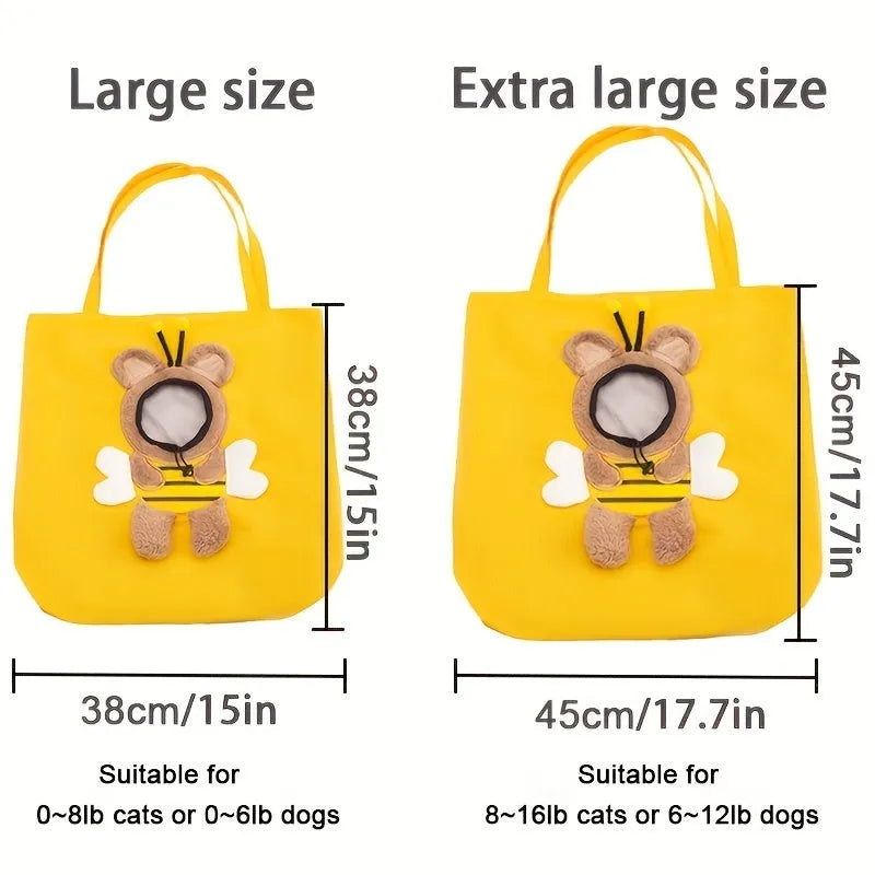 Canvas pet carrier bag with safety zippers, adjustable side opening, and 3D animal pattern in blue, grey, or yellow.