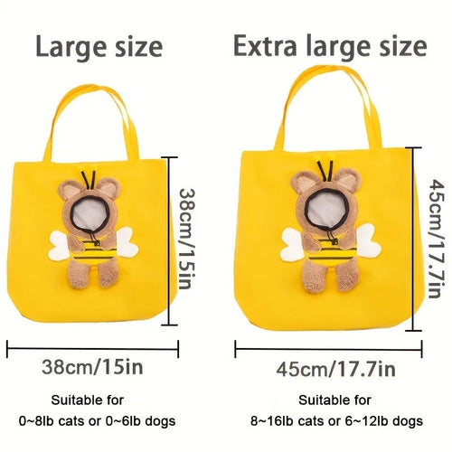 Canvas pet carrier bag with safety zippers, adjustable side opening, and 3D animal pattern in blue, grey, or yellow.