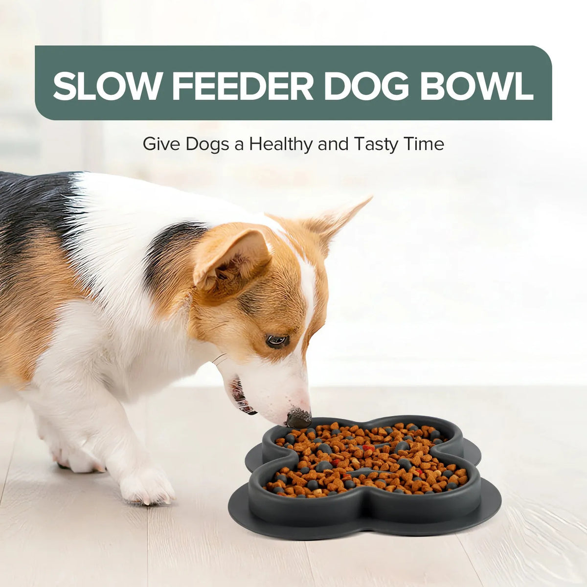 Silicone pet slow feeder licking pad mat in blue colour on a wooden floor.