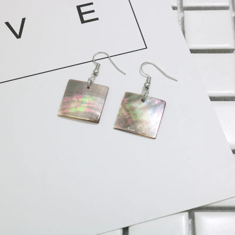 Geometric shell earrings in square and rectangular shapes with sterling silver hooks