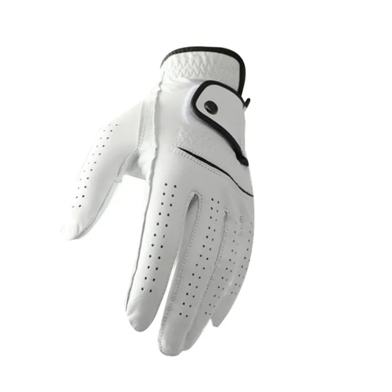 A single white half sheepskin leather golf glove for men, laid flat.