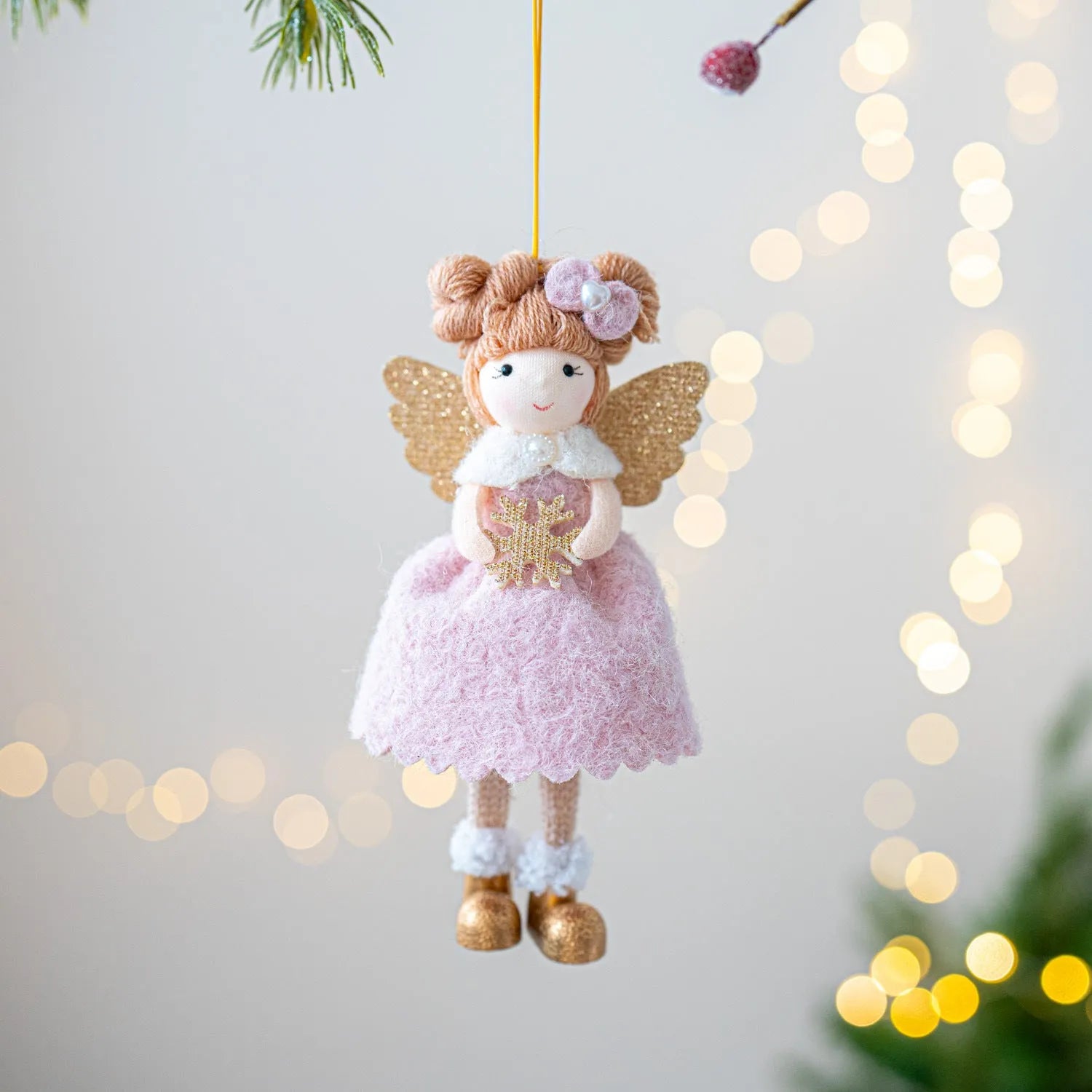 Christmas angel wings plush pendant ornament in pink or white colour on tree branch