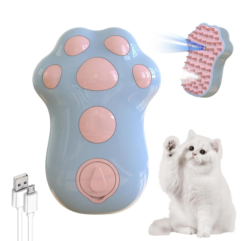 Rechargeable blue pet steam brush with silicone bristles and a water reservoir.