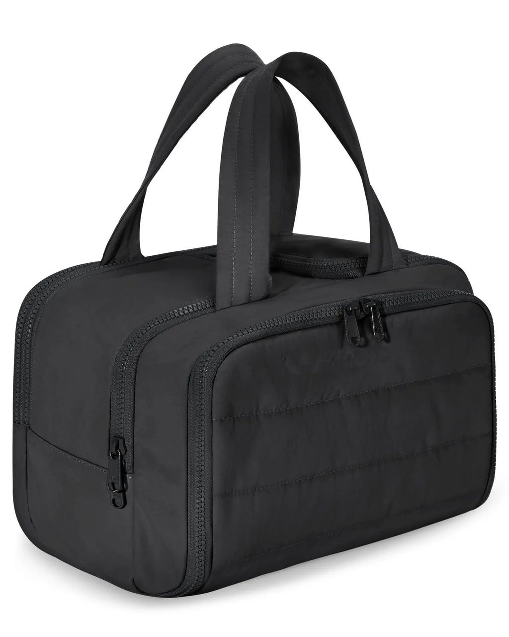 Large open travel toiletry bag in beige colour showing spacious interior, made from polyester fabric.