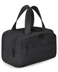 Large open travel toiletry bag in beige colour showing spacious interior, made from polyester fabric.