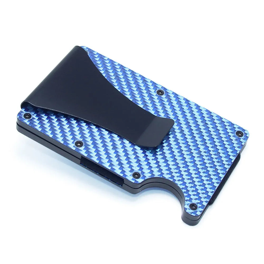 Slim geometric business card holder wallet in carbon fibre or aluminium, shown in black, blue, red, silver, or gold.