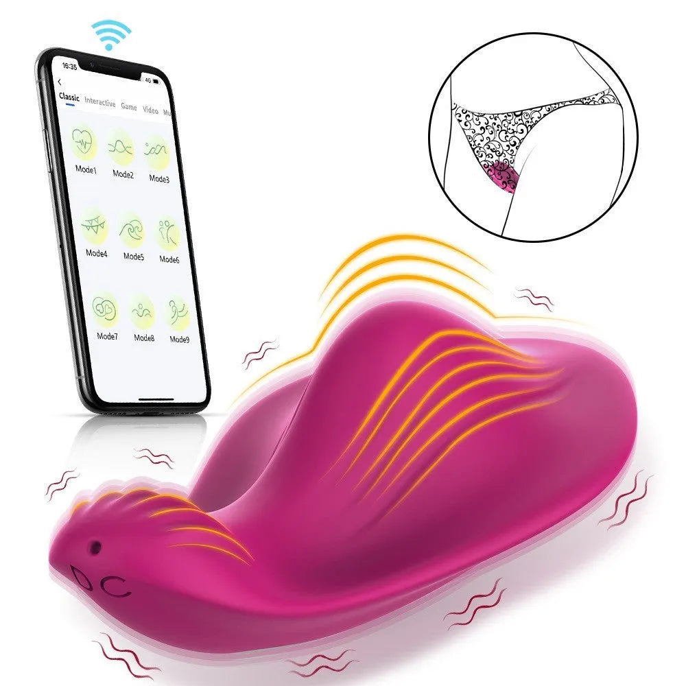 Rose red wearable female massager with cute butterfly design and smartphone app control