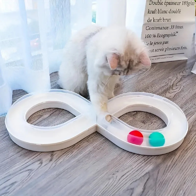 Blue and white plastic cat toy set with turntable track, tease sticks, and balls on a 50cm base