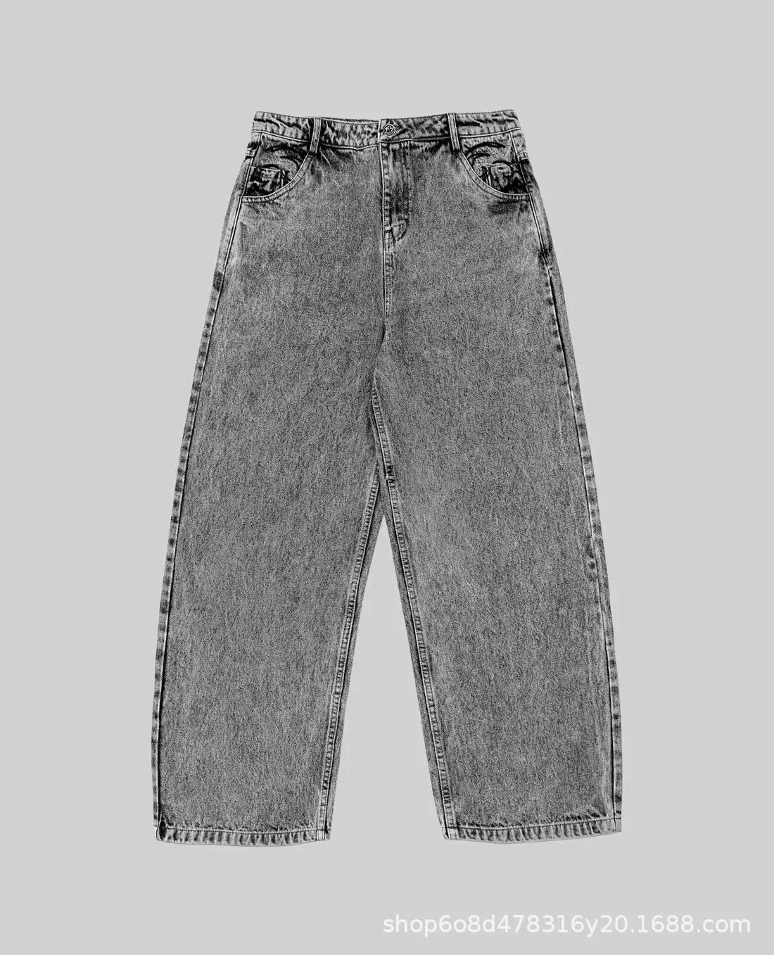 Gray loose straight-leg denim trousers for men and women with mid-waist fit