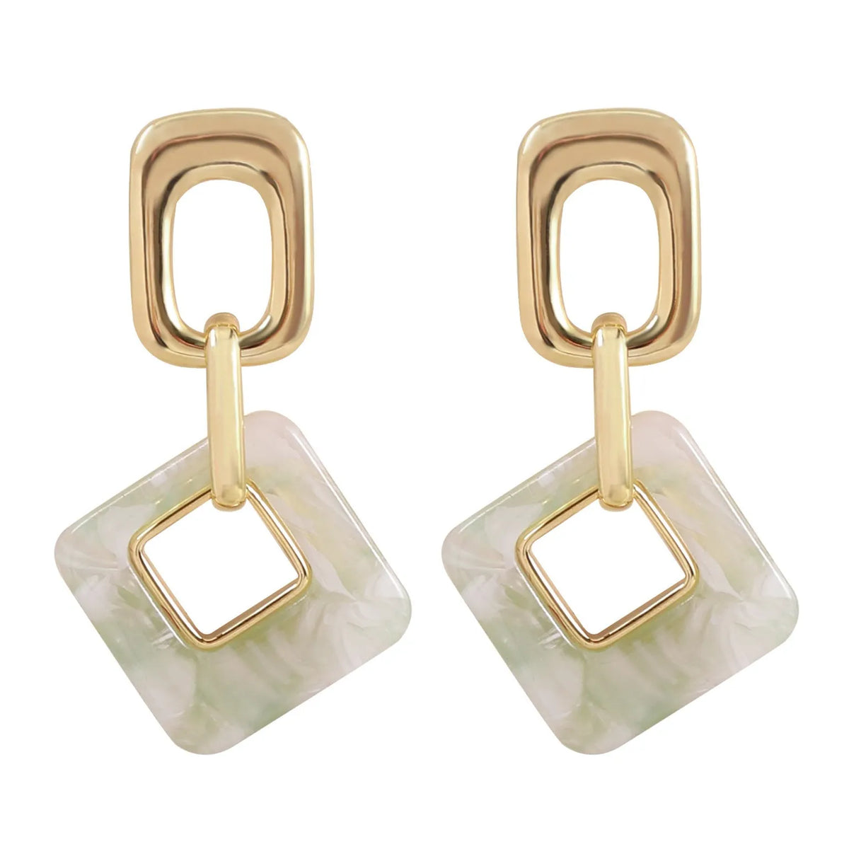 Pair of hollow square earrings with bevelled corners in a metallic finish, shown on a white background.
