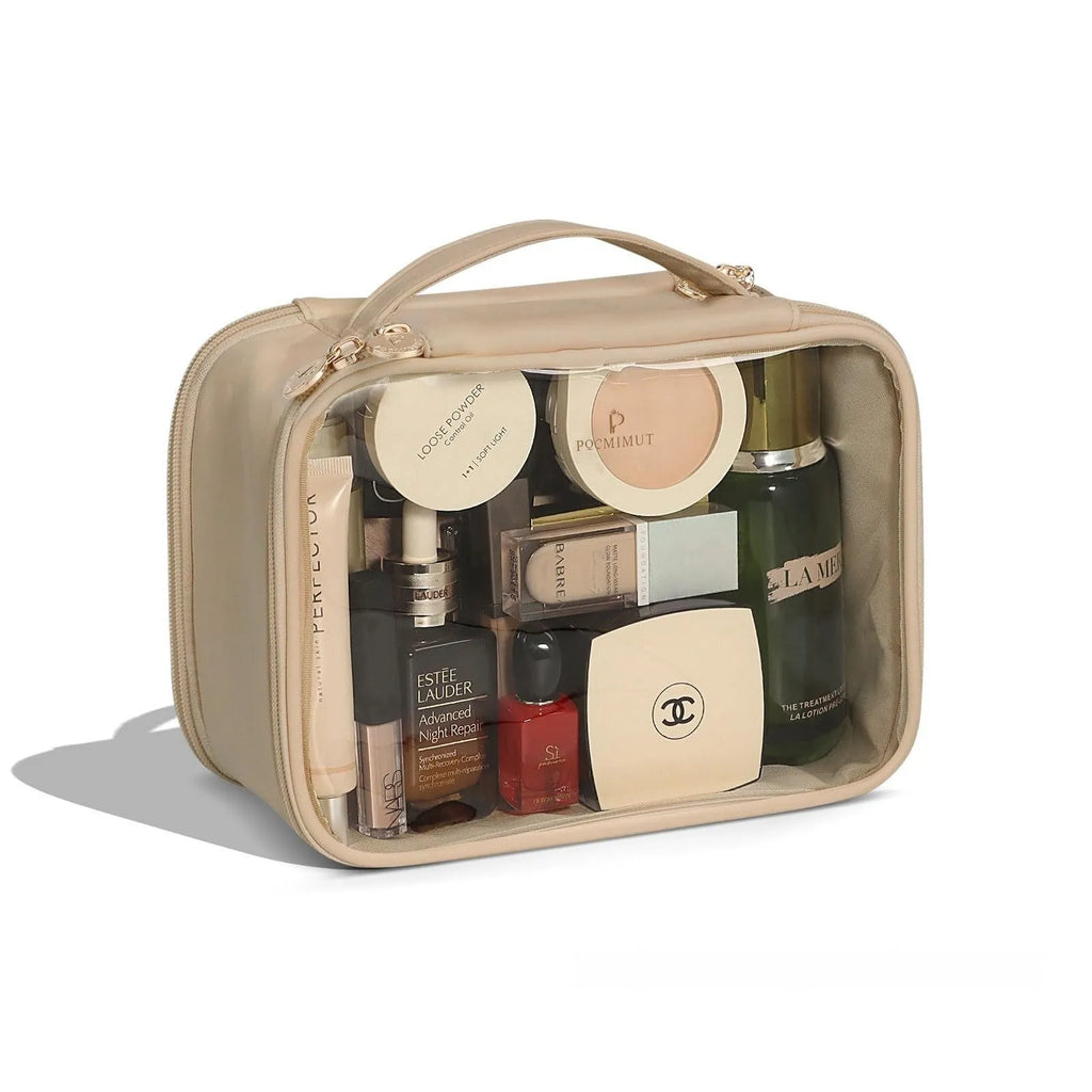 Transparent PVC leather cosmetic bag showing interior compartments for dry wet separation