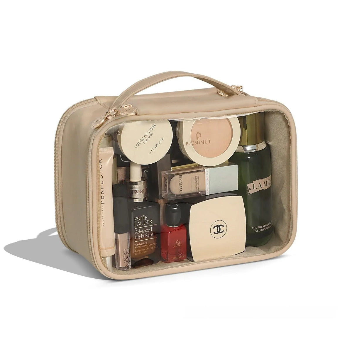 Transparent PVC leather cosmetic bag showing interior compartments for dry wet separation