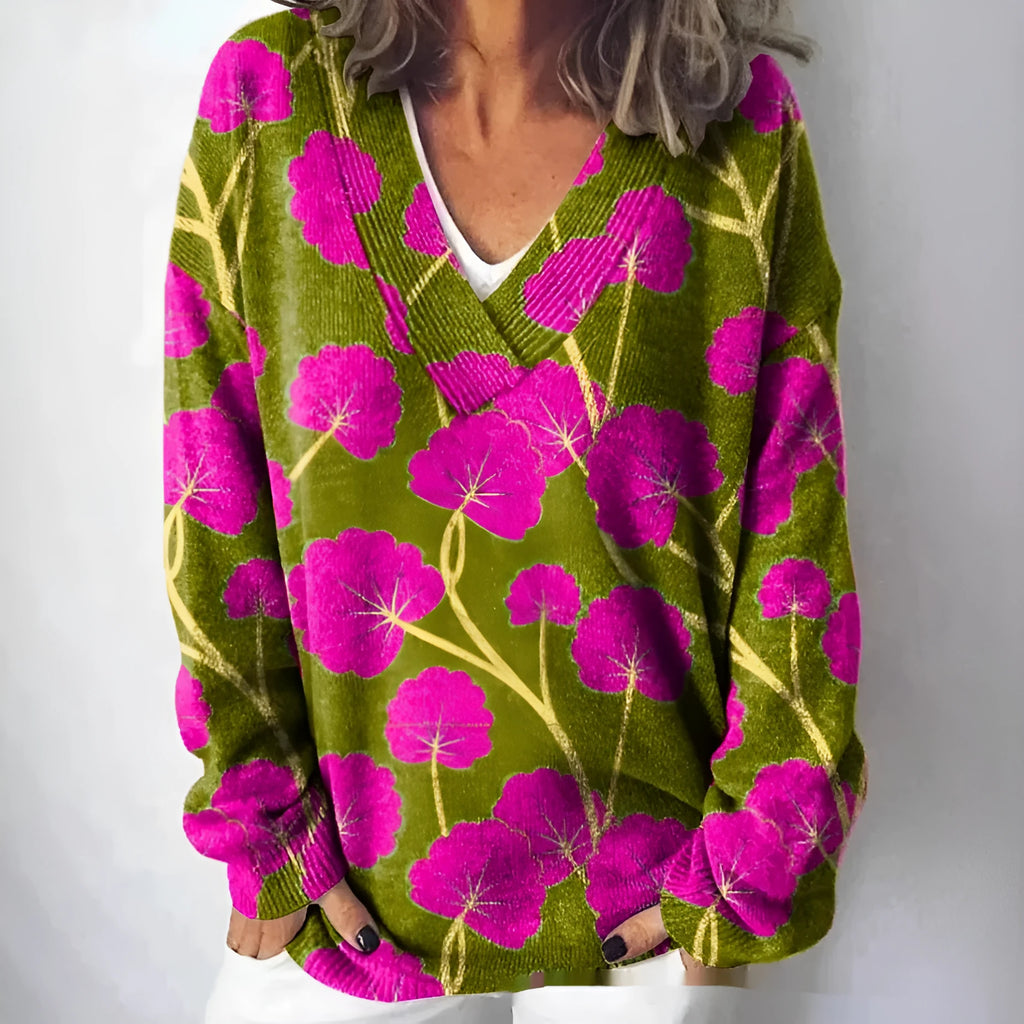 Women's V-neck long sleeve sweatshirt with a raised 3D floral pattern in an art retro style.