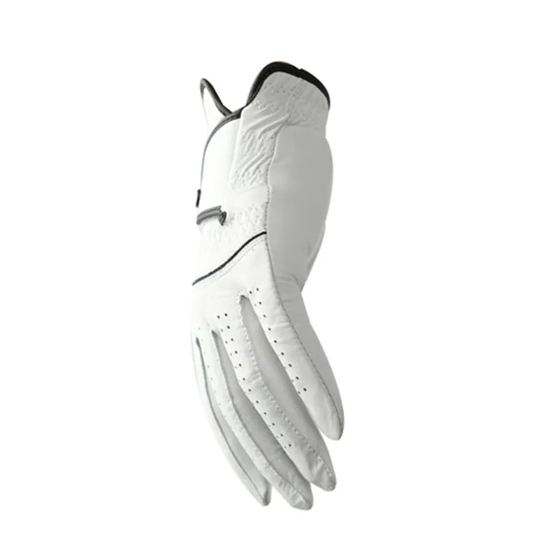 A single white half sheepskin leather golf glove for men, laid flat.