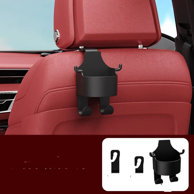 Black plastic car seat back hook organiser with built-in cup holder
