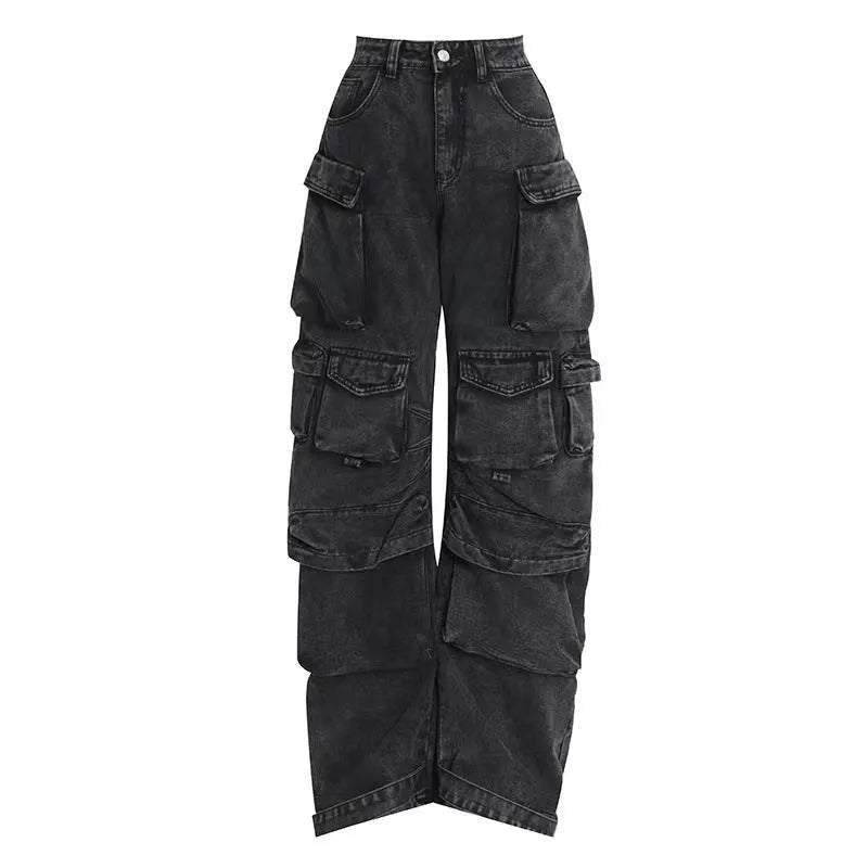Blue tie-dyed high waist wide leg jeans with multiple pockets and street hipster styling