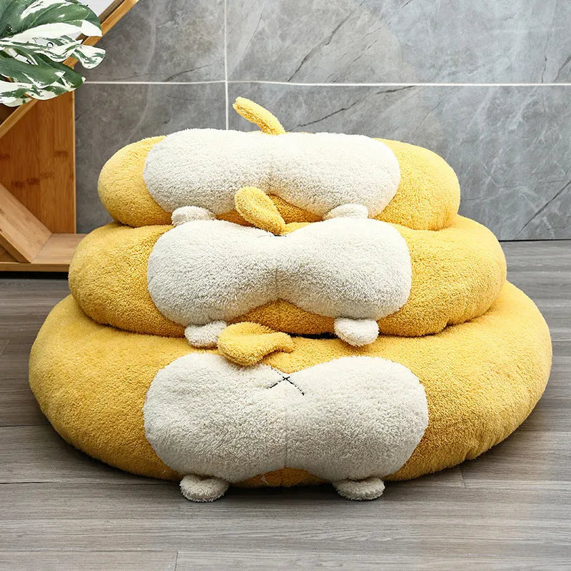 Corgi-shaped plush pet bed for dogs and cats in three sizes on a neutral background.