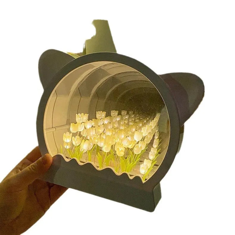 DIY handmade tulip sea night lamp with cat head silhouette on ABS frame