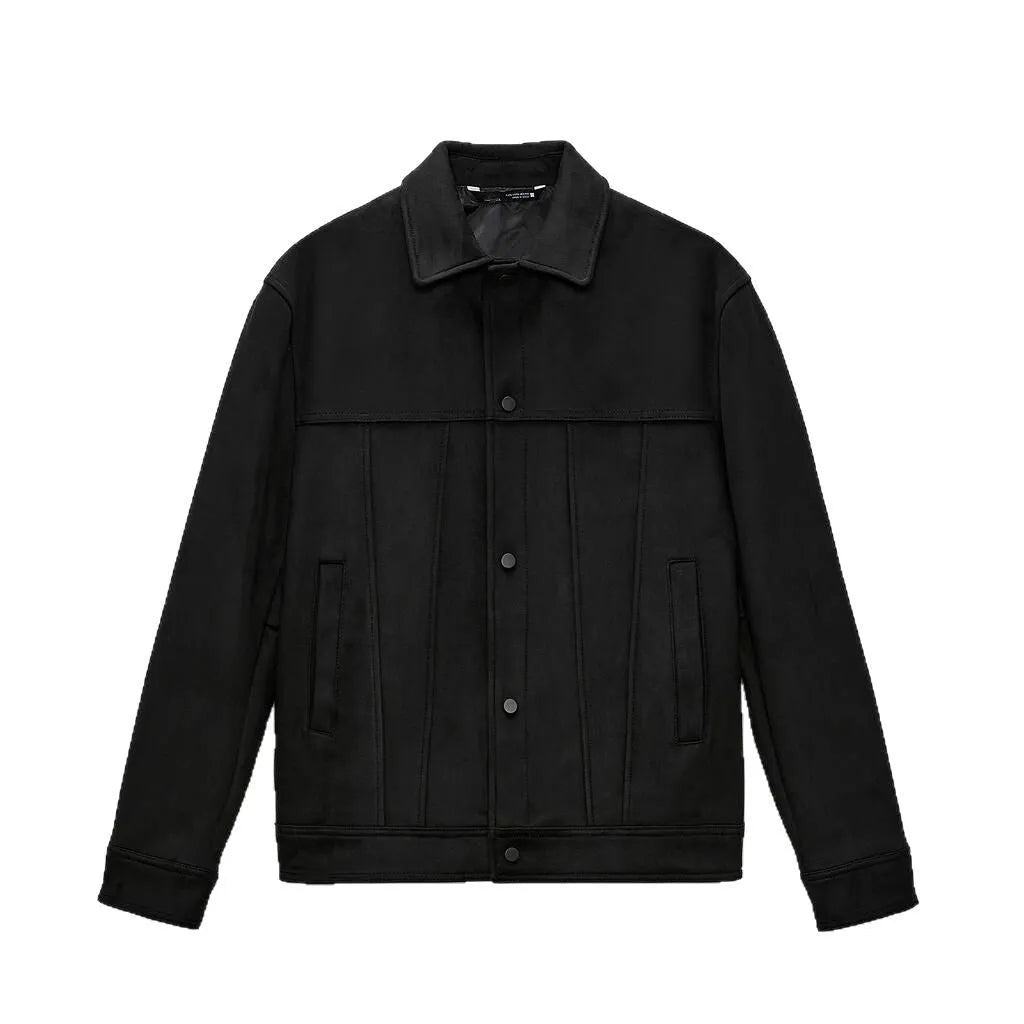 Black men's hooded jacket with a suede collar and side seam pockets
