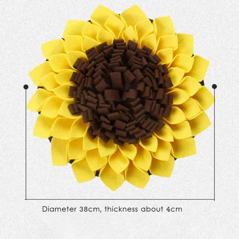 Yellow sunflower-shaped dog snuffle mat with fleece petals for treat hiding and slow feeding