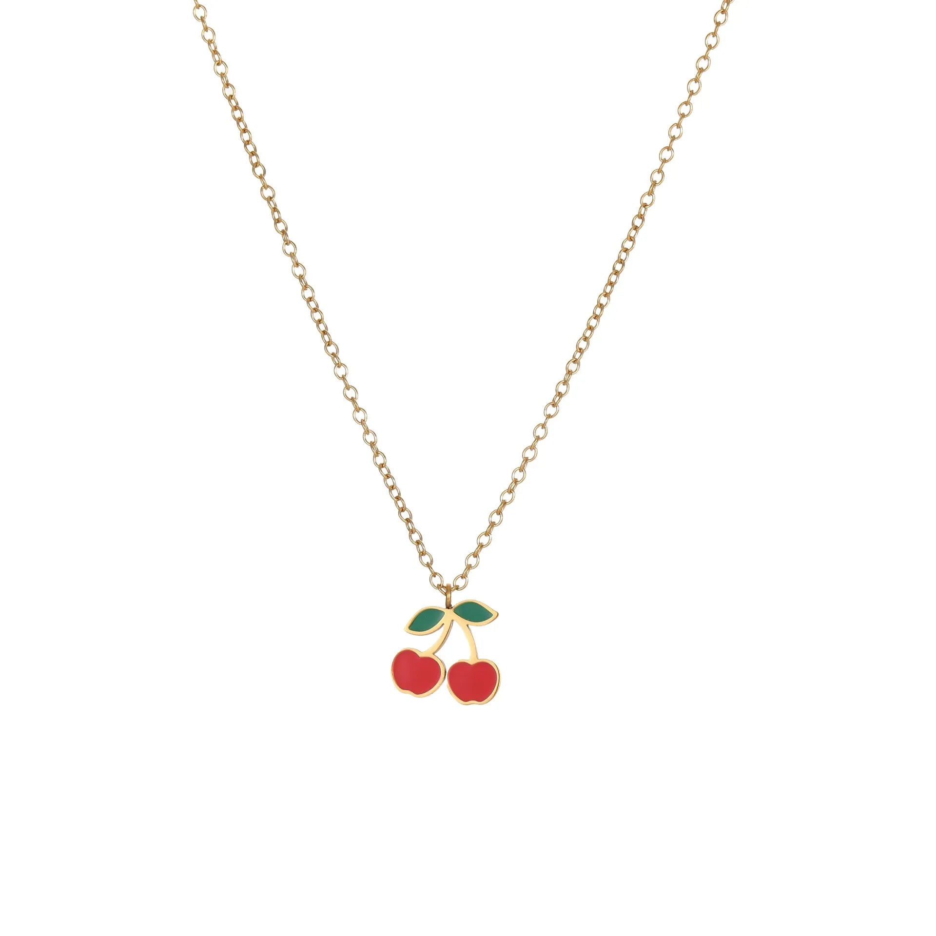 Cherry necklace, bracelet, earrings, and ring set in stainless steel with gold plating.
