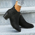 Women's black pointed toe ankle boots with thick square heel slip-on design