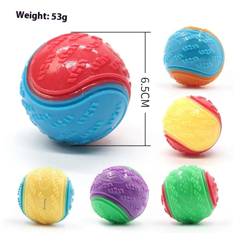 TPR dog chew ball in blue and orange colours showing textured surface and 6.5cm size