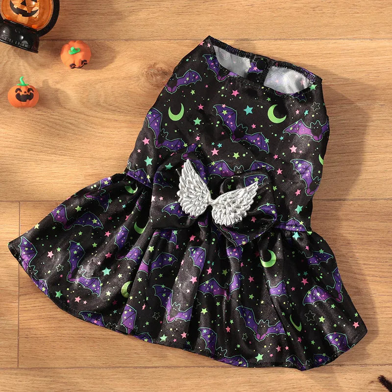 Angel wings Halloween dog costume in bright pumpkin orange and bat print polyester fabric