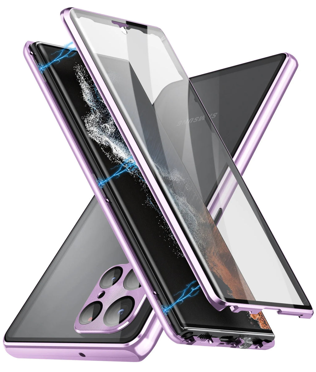 Magnetic mirror phone case for Samsung Galaxy S24 Ultra in seven colour options showing peep-proof design.
