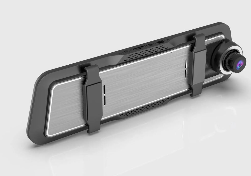 Dual lens car dash cam mounted on rearview mirror with 9.66-inch touch screen display