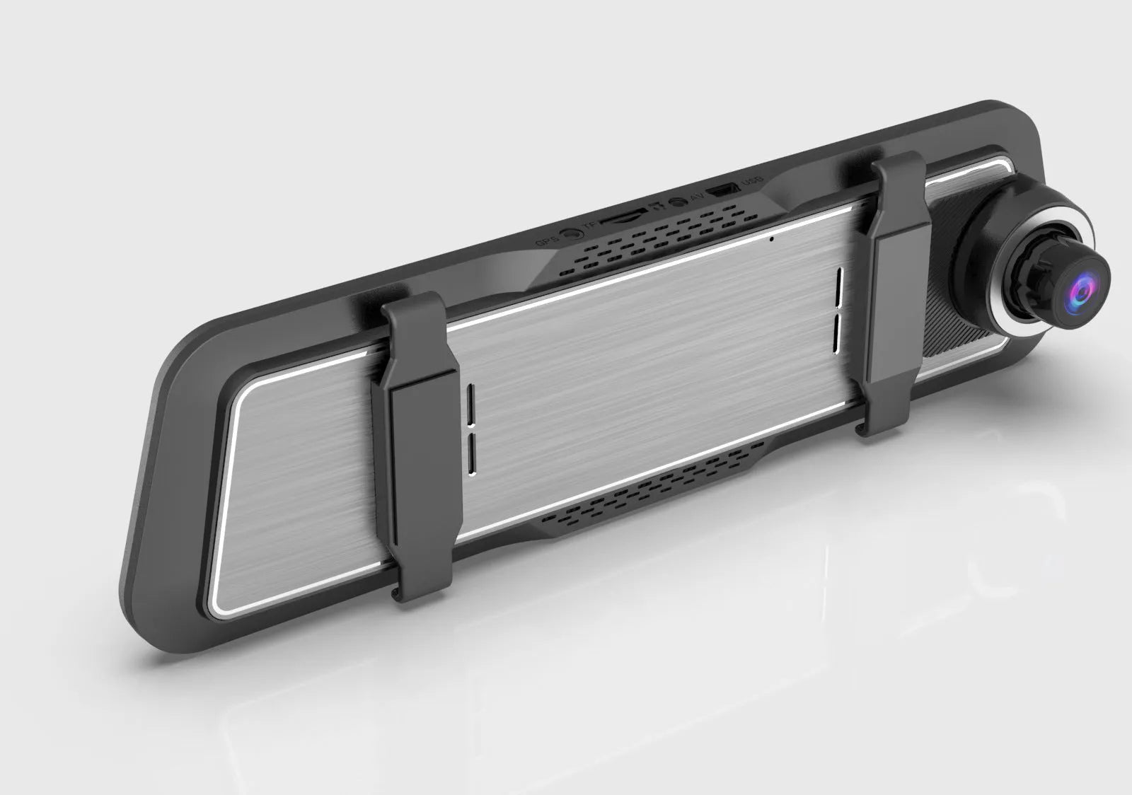 Dual lens car dash cam mounted on rearview mirror with 9.66-inch touch screen display