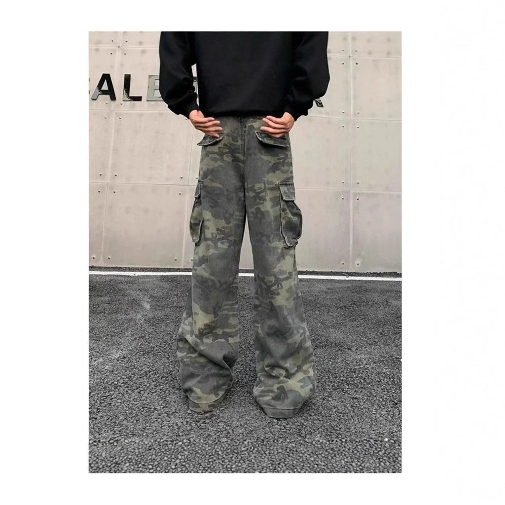 Korean style camouflage cargo pants with multiple pockets and a washed vintage finish.