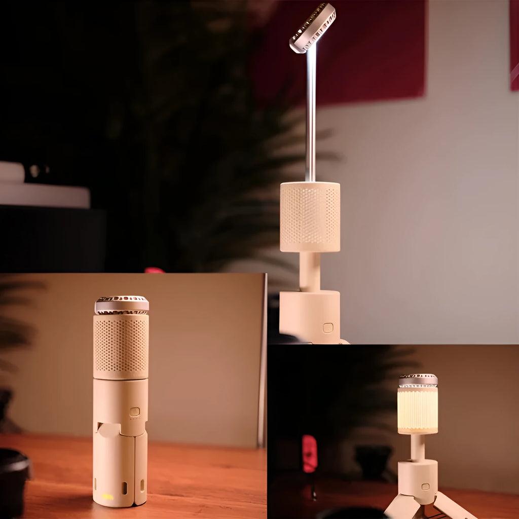 Portable battery LED camping light in off white or dark grey colour with button switch