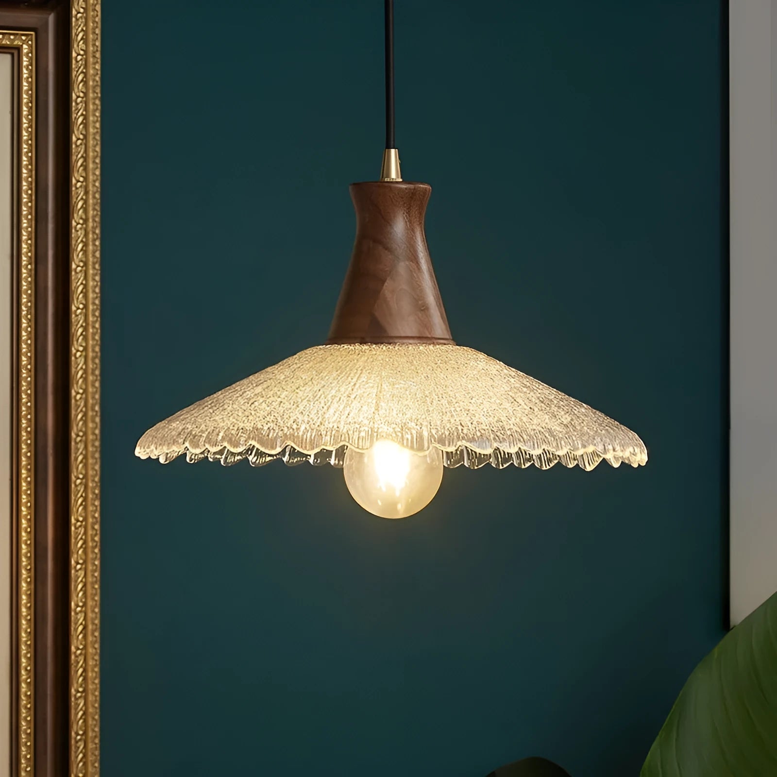 Woodcraft brass and glass ceiling chandelier for restaurant lighting in three available sizes.